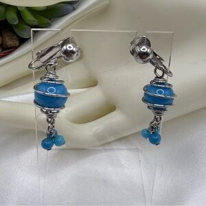 Vintage Turquoise Glass Beads in Silver-Tone Swirl Cage Dangle Drop Earrings
